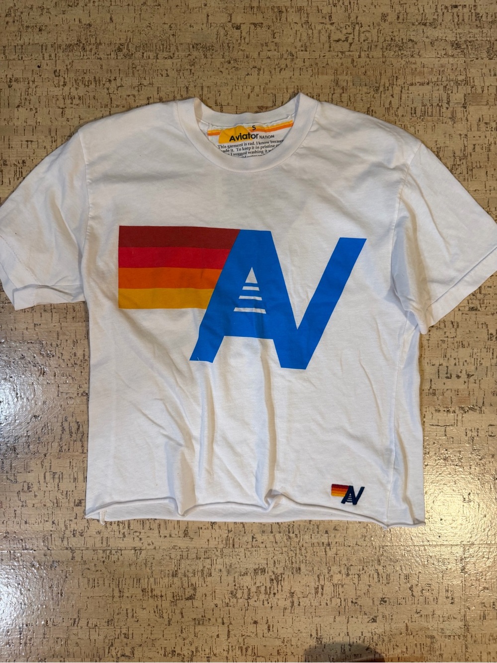 Aviator Nation White Logo Graphic Tee Small Rainbow Stripe Retro